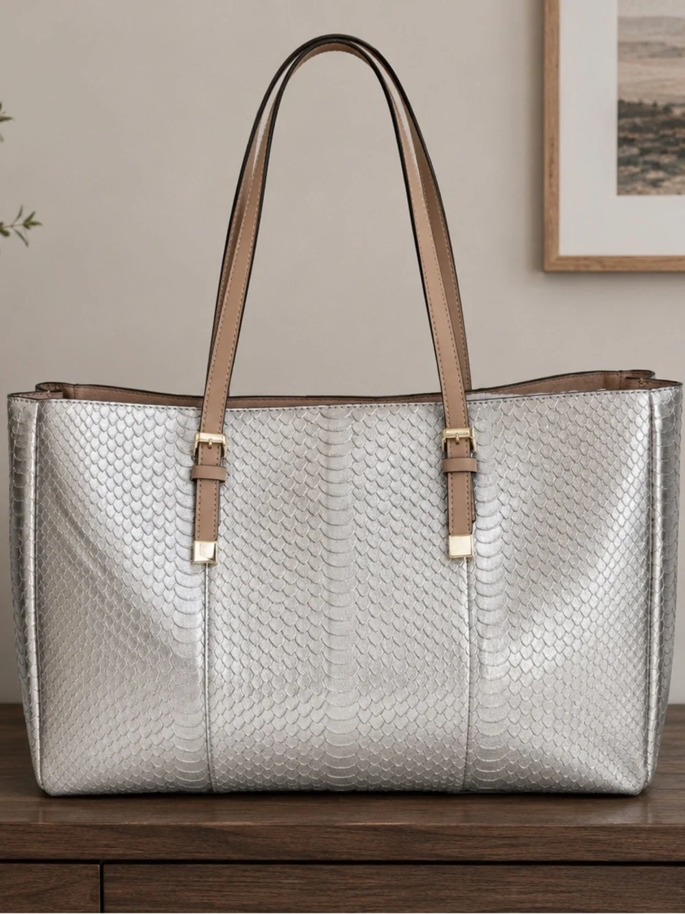 Antonio Melani NWT Metallic Silver Leather Tote Bag Large Shopper Beige Trim